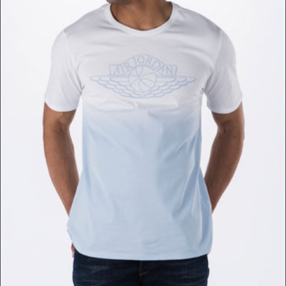 One Air Jordan fade-away blue t shirt.